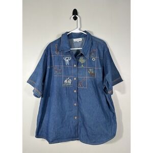 Vintage Kaktus Top‎ Womens 2X Blue Denim Embroidered Safari Animals Layered Look